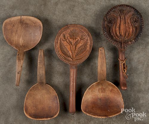 Three carved maple scoops, etc.