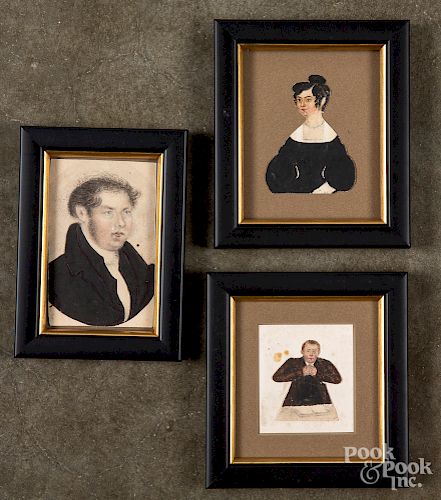 Three miniature watercolor and cutout portraits