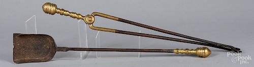 Brass fire shovel and tongs