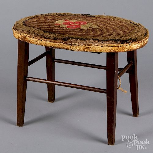 Mahogany foot stool with hooked rug cover
