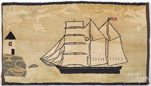 Nautical hooked rug of a sail ship