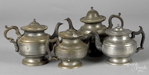 Four American pewter teapots, 19th c.
