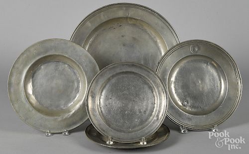 Five Continental pewter chargers