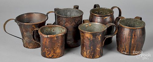 Six copper two-handled mugs