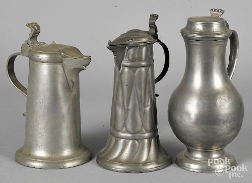 Three Continental pewter flagons