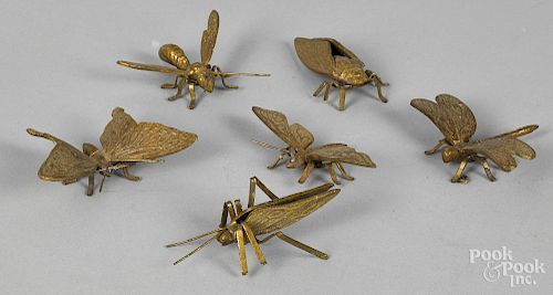 Six miniature cast brass insects
