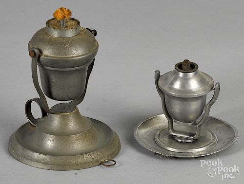 Two American gimbaled pewter fluid lamps