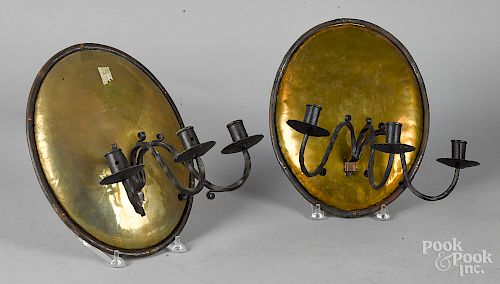 Pair of brass and wrought iron sconces