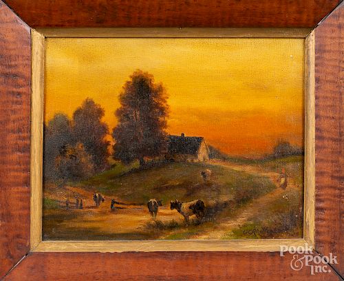 Oil on canvas sunset farmscene