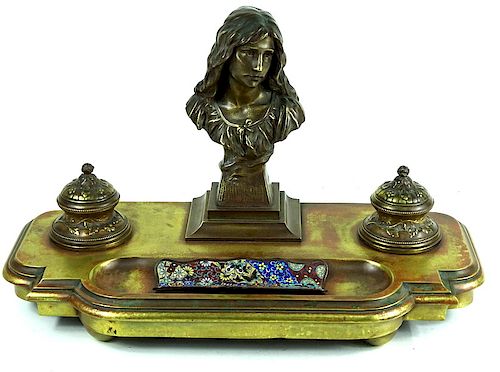 Antique French Brass Bronze Champleve Inkwell
