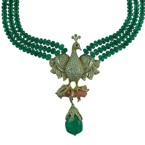 Contemporary Emerald & Diamond Peacock Necklace