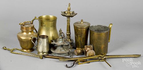 Group of brass vessels, scales, etc.