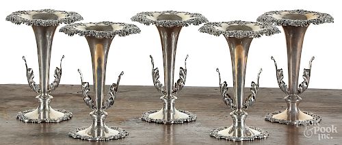 Set of five sterling silver vases