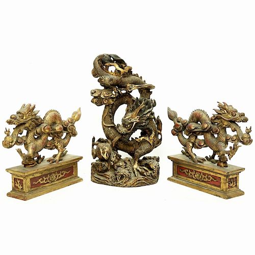 Three (3) Large Chinese Gilt Wood Dragon Carvings