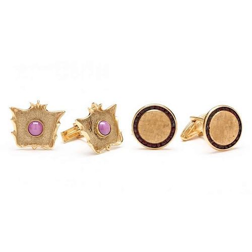 Two Pair 14KT Yellow Gold and Gemstone Cufflinks, Signed