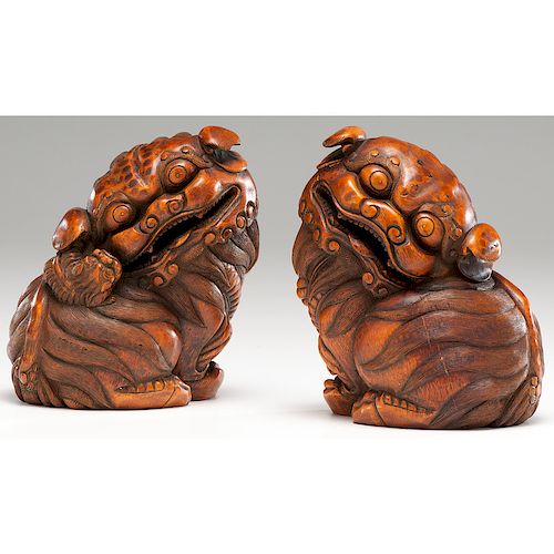 Chinese Carved Bamboo Models of Seated Lions 