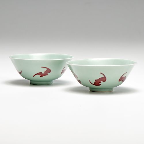 Yongzheng Celadon Bowls with Fu-Bats