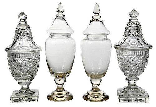 Two Pair Crystal Cut Lidded Urns
