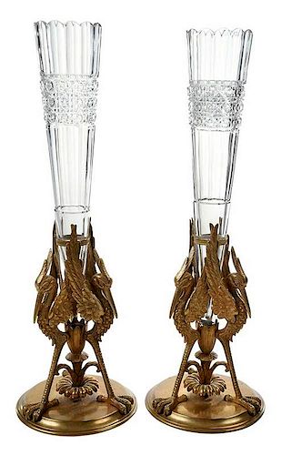 Pair Gilt Bronze and Cut Glass Stork Vases