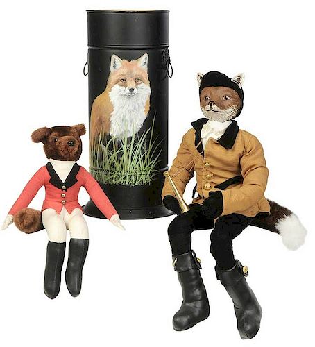 Two Stuffed Fox Figures and Painted Canister
