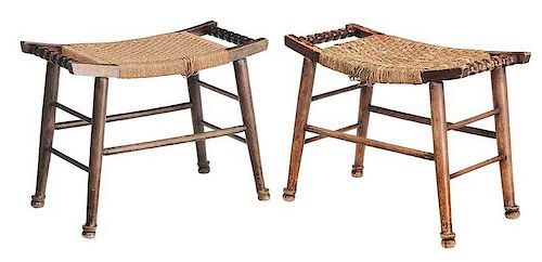 Pair Turned and Rope Upholstered Stools