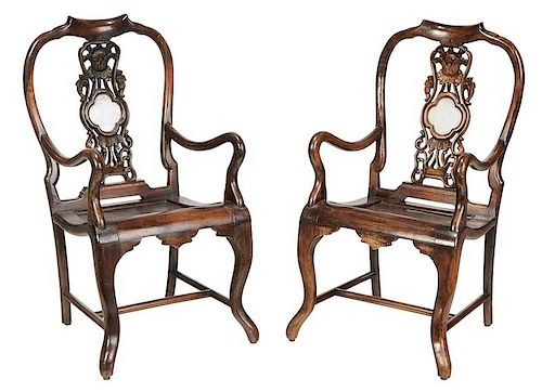 A Pair of Marble Inset Carved Armchairs