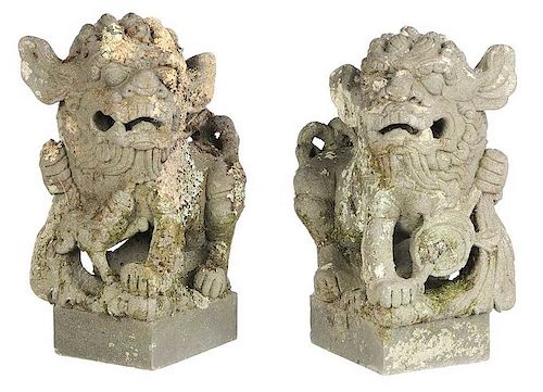 Pair of Cement Foo Lion Sculptures