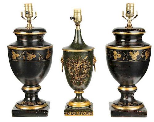 Three Black and Gold Painted Urn Form Lamps