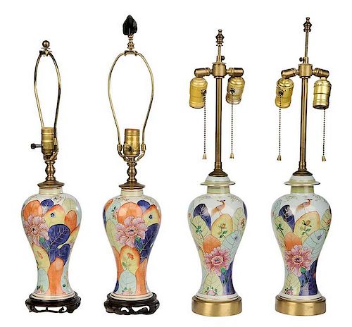 Four Chinese Export Tobacco Leaf Pattern Lamps