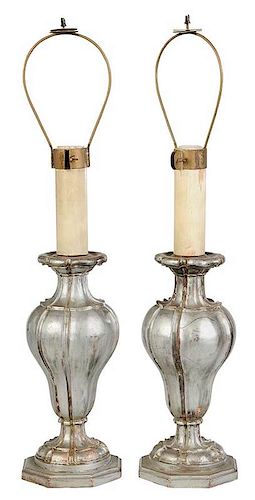 Pair of Italian Wooden Silvered Table Lamps