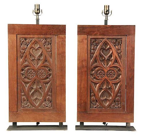 Pair of Gothic Oak Panels Converted To Lamps