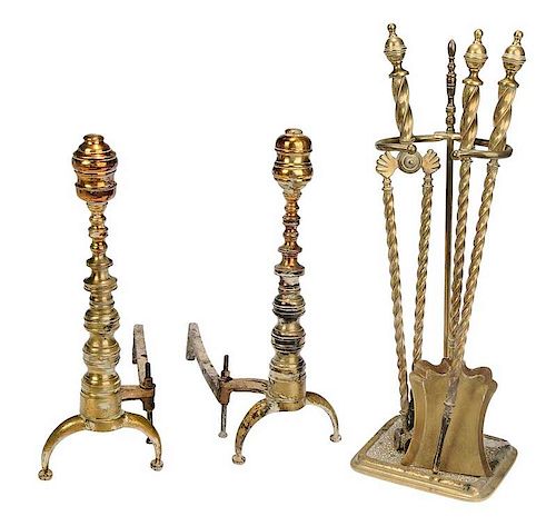 Set Brass Andirons, with Tools and Rack