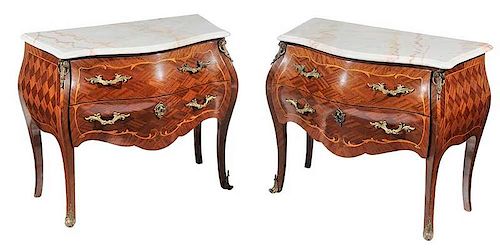 Pair of Louis XV Style Marble Top Bombe Commodes