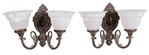 Pair Metal Sconces Frosted Shades