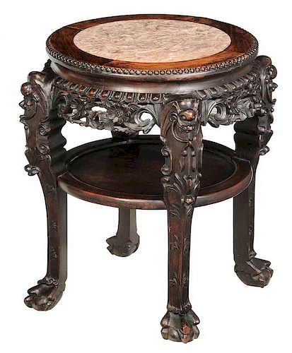 Chinese Carved and Marble Inset Tabouret