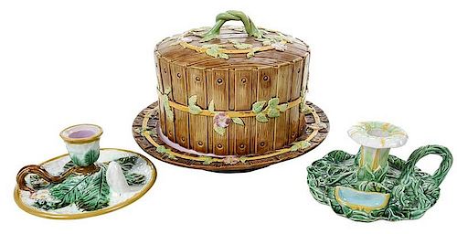 Majolica Cheese Dome and Two Chambersticks