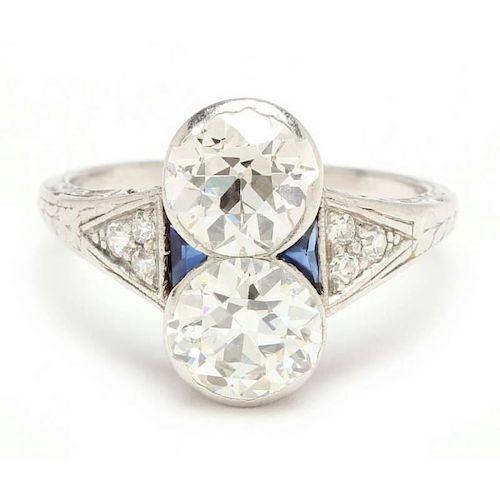 Art Deco Platinum Two Stone Diamond and Sapphire Ring