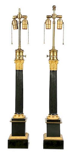 Pair Black and Gilt Corinthian Column Form Lamps
