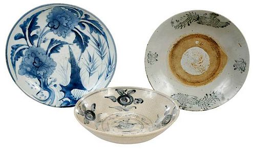 Three Chinese Large Blue White Deep Dishes