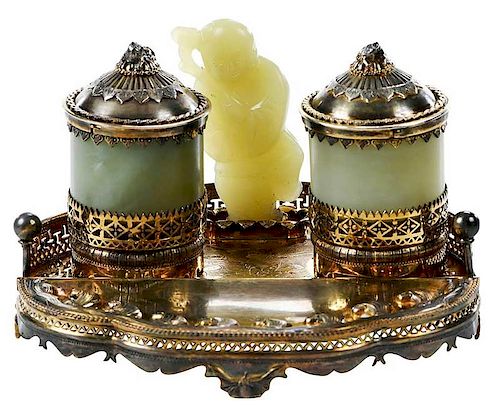 Chinese Gilt Metal and Hardstone Condiment Set
