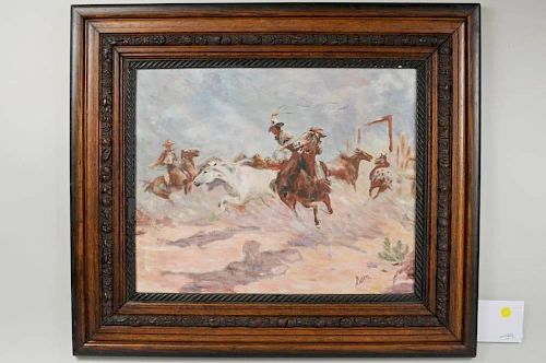 Western Illustration "Rounding Up Horses" O/B