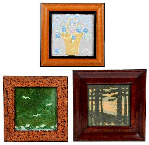 Three Pottery Framed Arts & Crafts Tiles