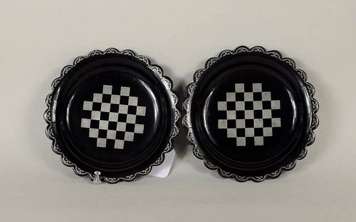 Pair Silver Inlaid Black Lacquer Trays