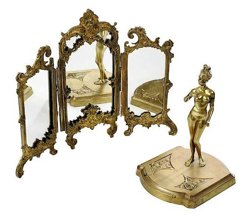 Franz Bergman Gilt Bronze Nude with Mirror