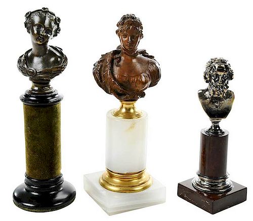 Three Bronze Busts on Columnar Pedestals
