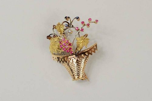 18K Gold Flower Basket Pin/Rubies & Sapphires