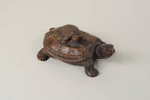 Japanese Carved Wood Okimono of Turtle Group