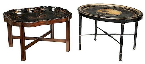 Two Decorated Lacquer Tray Tables on Stands