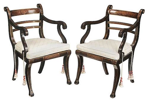Pair Regency Style Stencil Decorated Arm Chairs