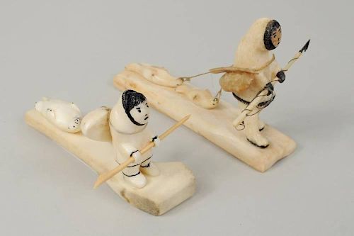 Two Inuit Walrus Ivory & Bone Scrimshaw Carvings